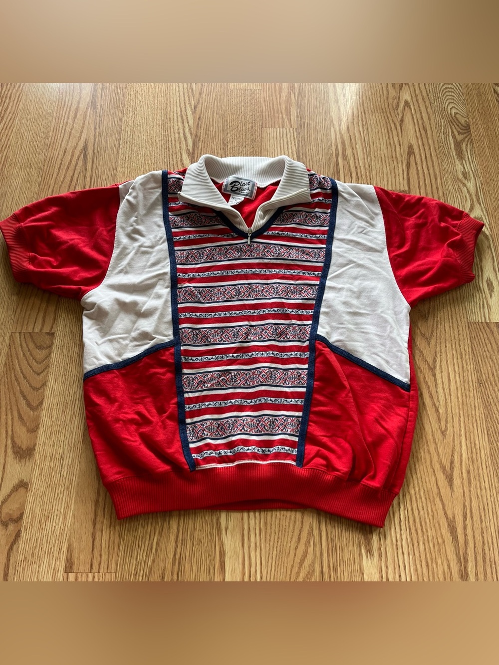 Blast Blues red + blue/white stripe patterned polo